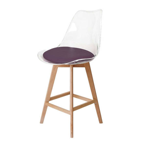 Soho Clear and Aubergine Plastic Bar Stool with Light Wood Legs