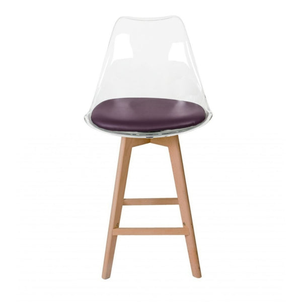 Soho Clear and Aubergine Plastic Bar Stool with Light Wood Legs