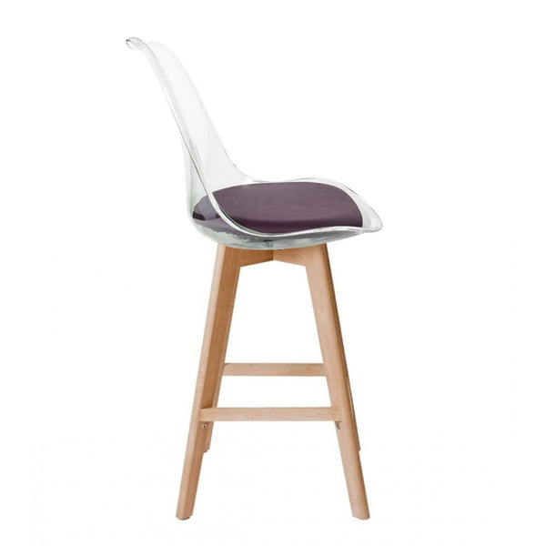Soho Clear and Aubergine Plastic Bar Stool with Light Wood Legs