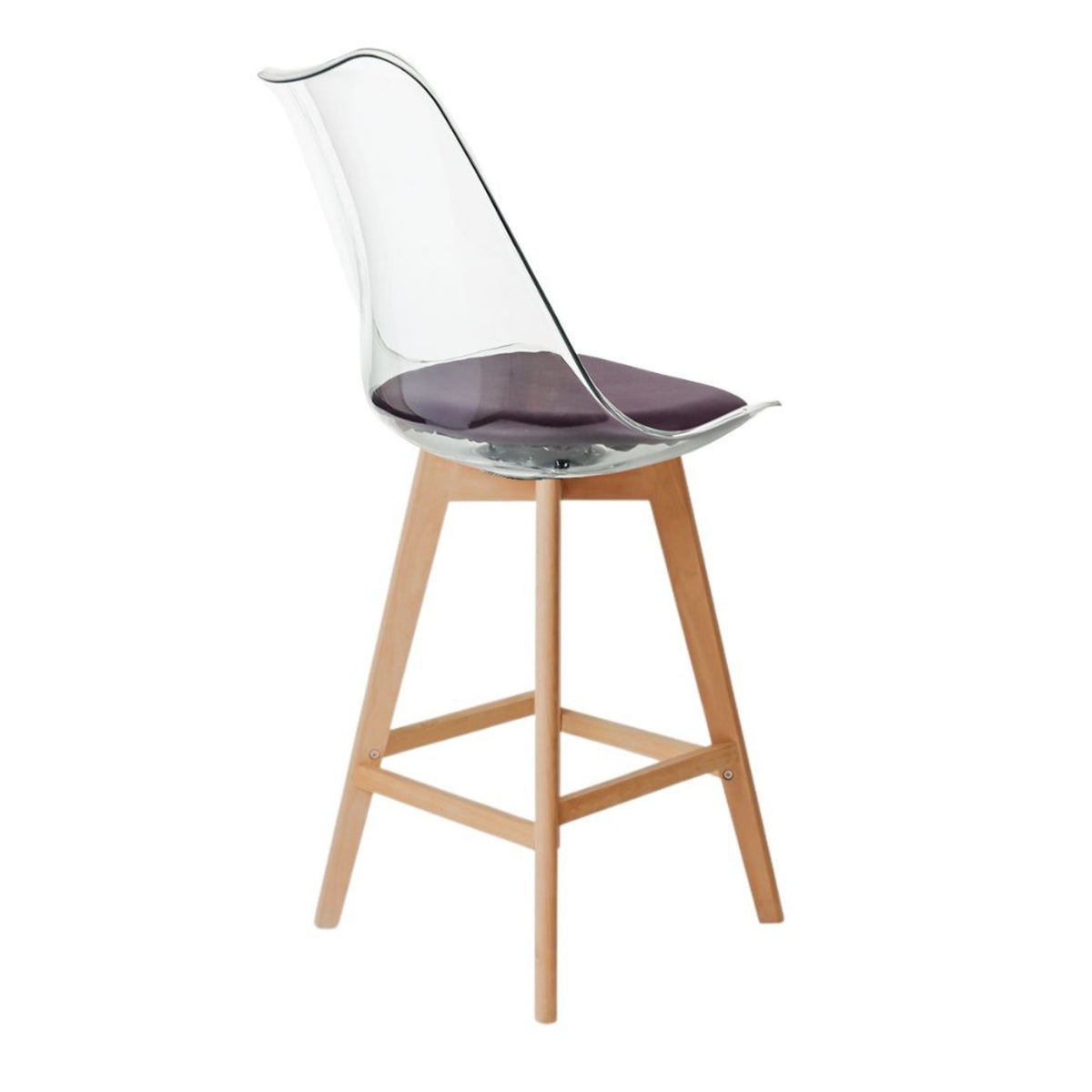Soho Clear and Aubergine Plastic Bar Stool with Light Wood Legs