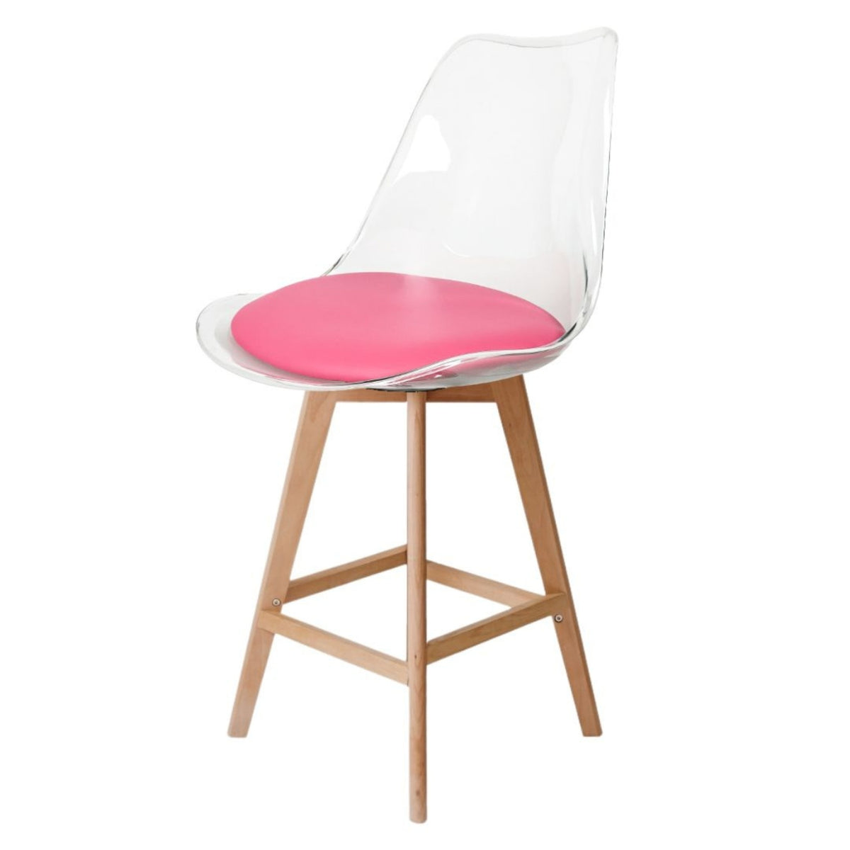 Soho Clear and Bright Pink Plastic Bar Stool with Light Wood Legs