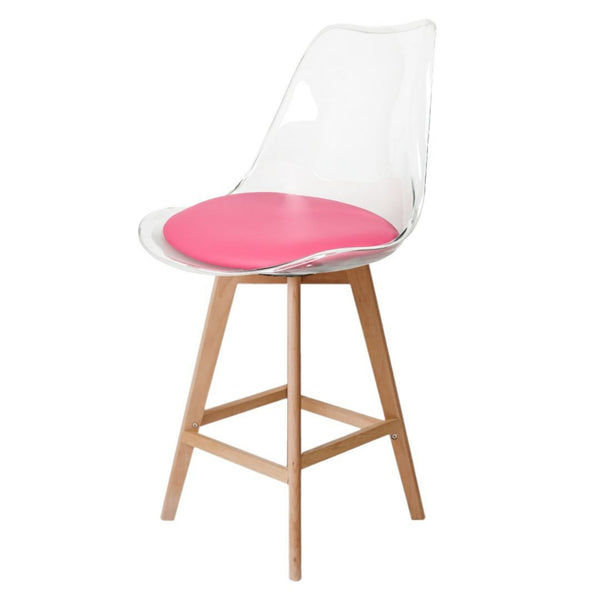 Soho Clear and Bright Pink Plastic Bar Stool with Light Wood Legs