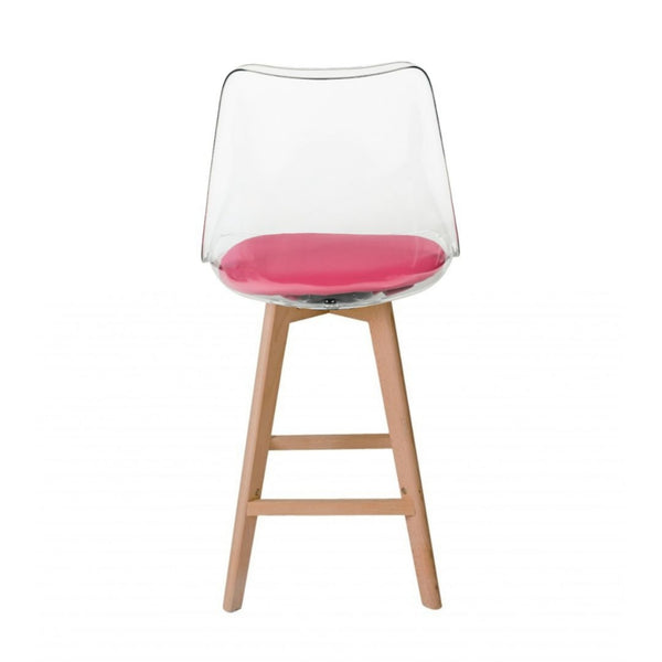 Soho Clear and Bright Pink Plastic Bar Stool with Light Wood Legs
