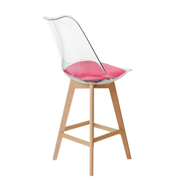 Soho Clear and Bright Pink Plastic Bar Stool with Light Wood Legs