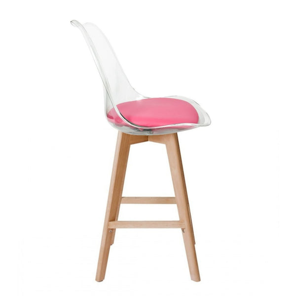 Soho Clear and Bright Pink Plastic Bar Stool with Light Wood Legs