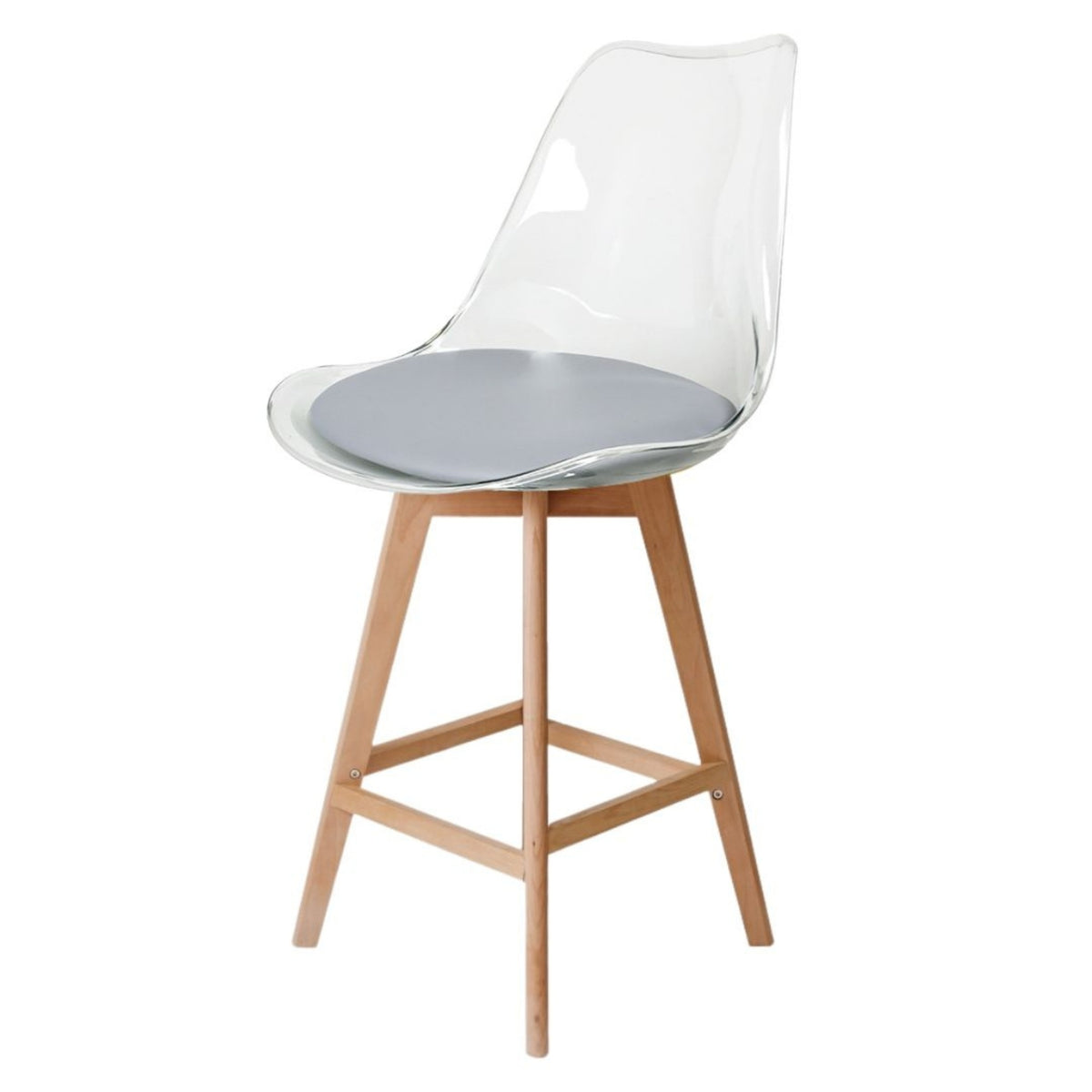 Soho Clear and Light Grey Plastic Bar Stool with Light Wood Legs