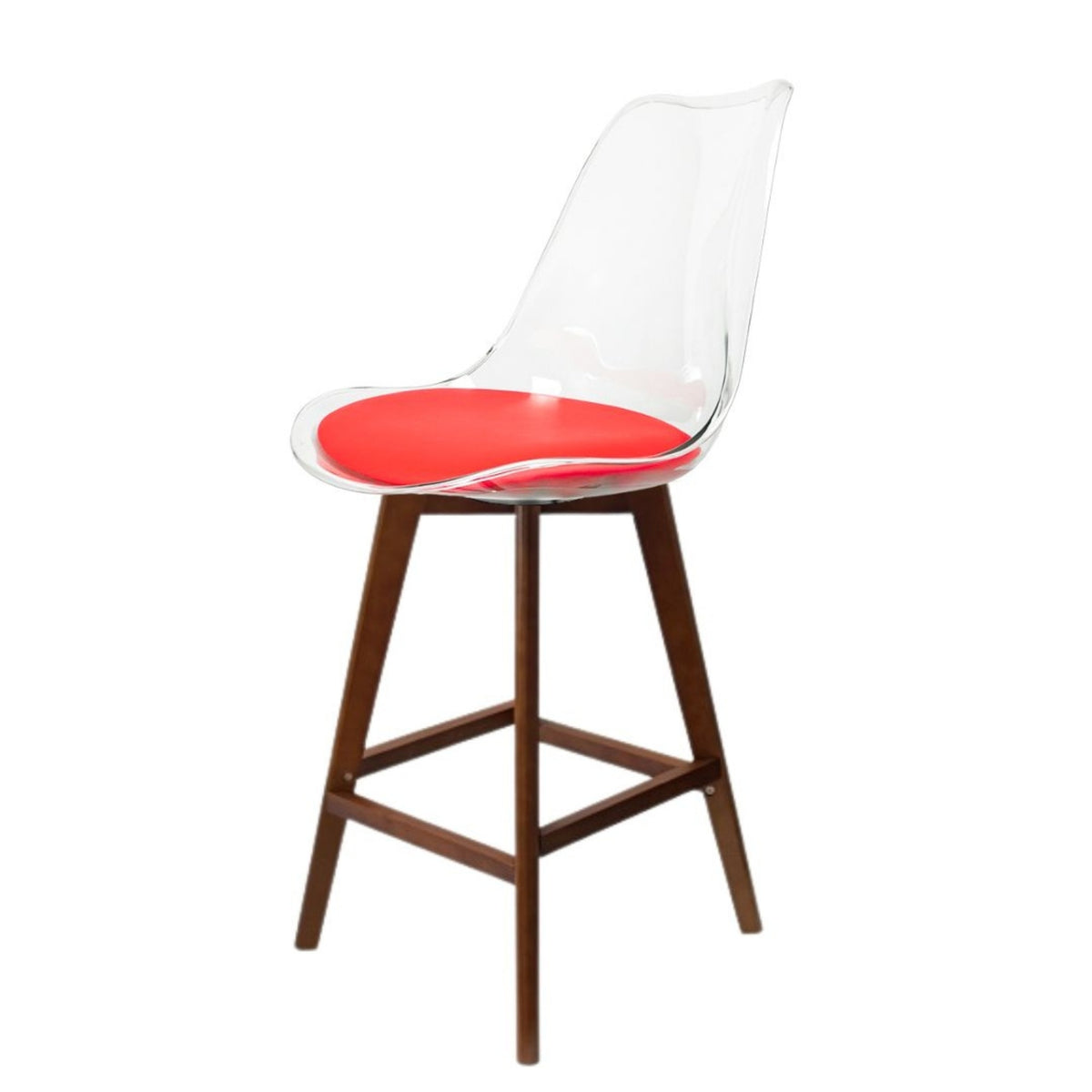 Soho Clear and Red Plastic Bar Stool with Dark Wood Legs