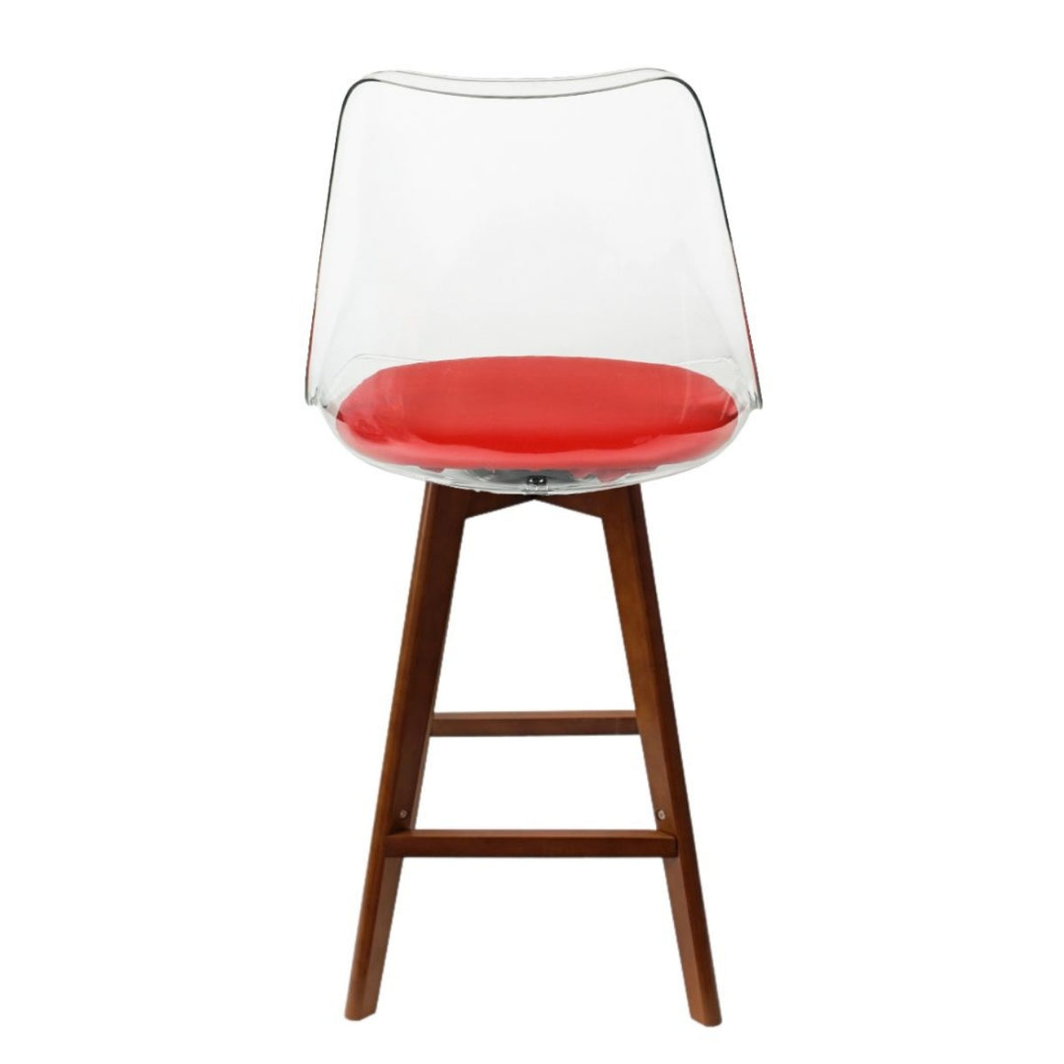 Soho Clear and Red Plastic Bar Stool with Dark Wood Legs