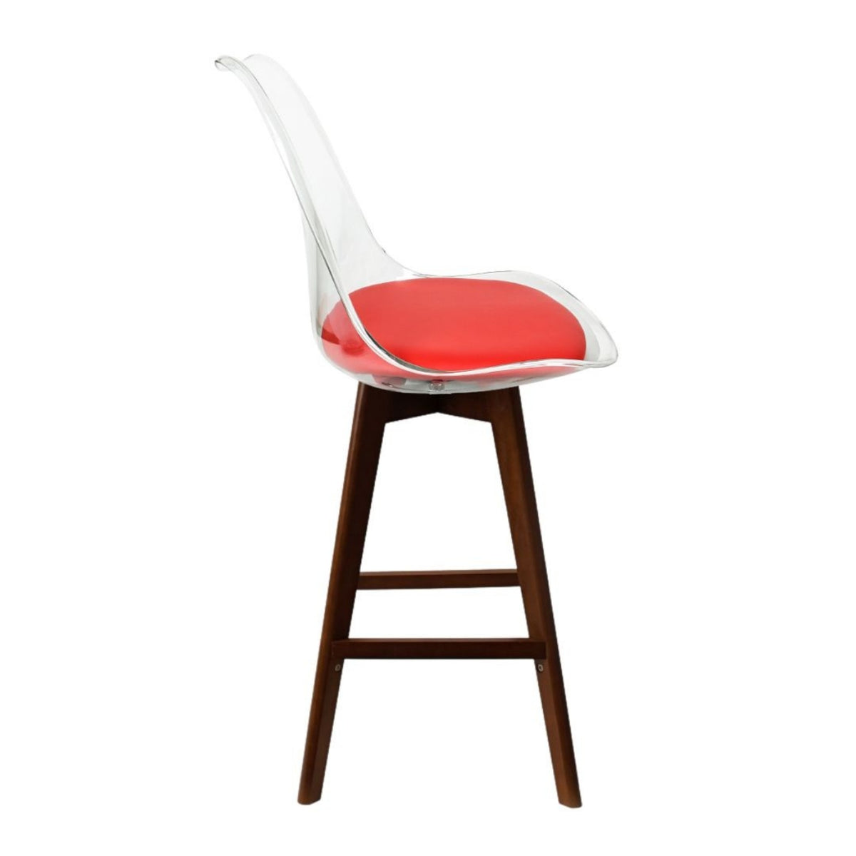 Soho Clear and Red Plastic Bar Stool with Dark Wood Legs