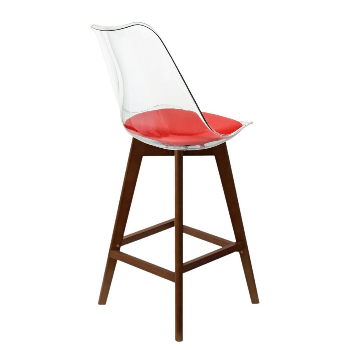 Soho Clear and Red Plastic Bar Stool with Dark Wood Legs