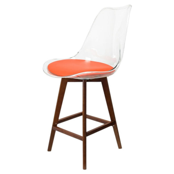Soho Clear and Orange Plastic Bar Stool with Dark Wood Legs