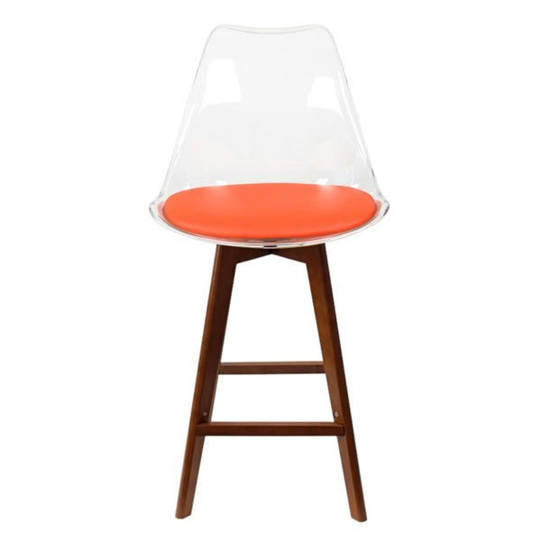 Soho Clear and Orange Plastic Bar Stool with Dark Wood Legs