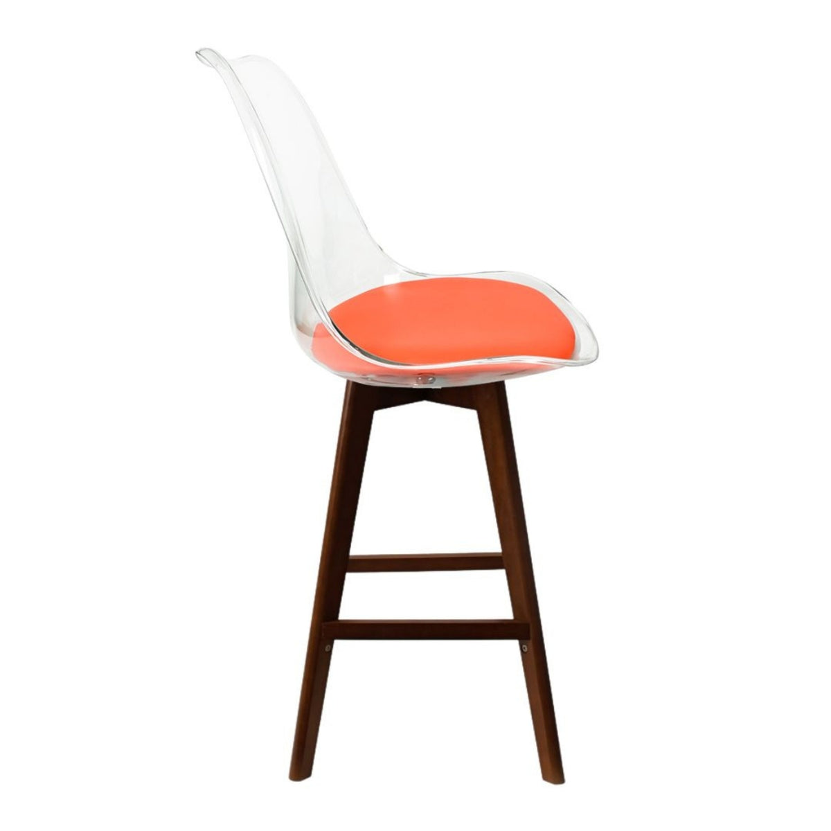 Soho Clear and Orange Plastic Bar Stool with Dark Wood Legs