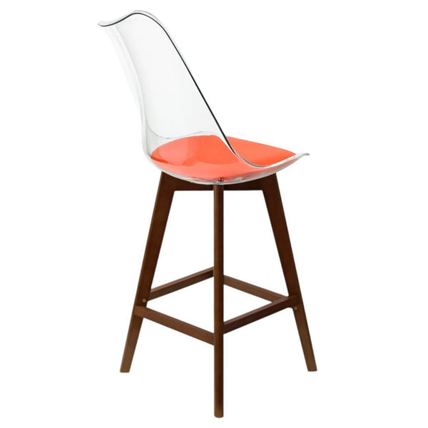 Soho Clear and Orange Plastic Bar Stool with Dark Wood Legs