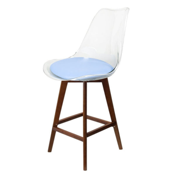 Soho Clear and Blue Plastic Bar Stool with Dark Wood Legs
