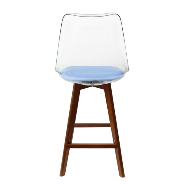 Soho Clear and Blue Plastic Bar Stool with Dark Wood Legs