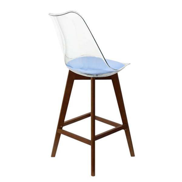 Soho Clear and Blue Plastic Bar Stool with Dark Wood Legs