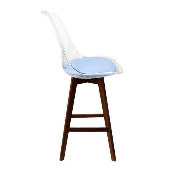 Soho Clear and Blue Plastic Bar Stool with Dark Wood Legs