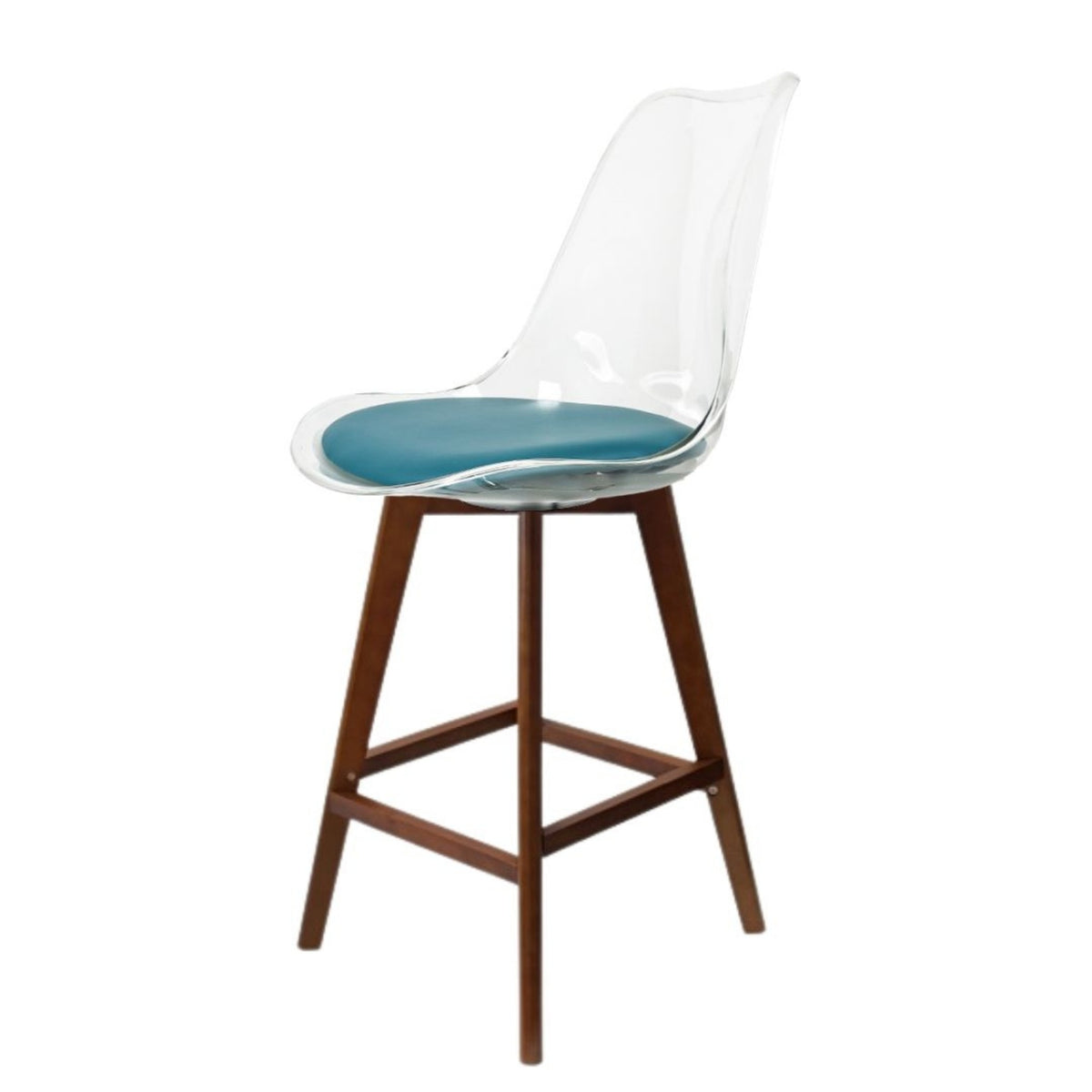 Soho Clear and Teal Plastic Bar Stool with Dark Wood Legs