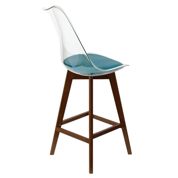 Soho Clear and Teal Plastic Bar Stool with Dark Wood Legs