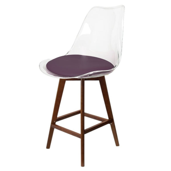 Soho Clear and Aubergine Plastic Bar Stool with Dark Wood Legs