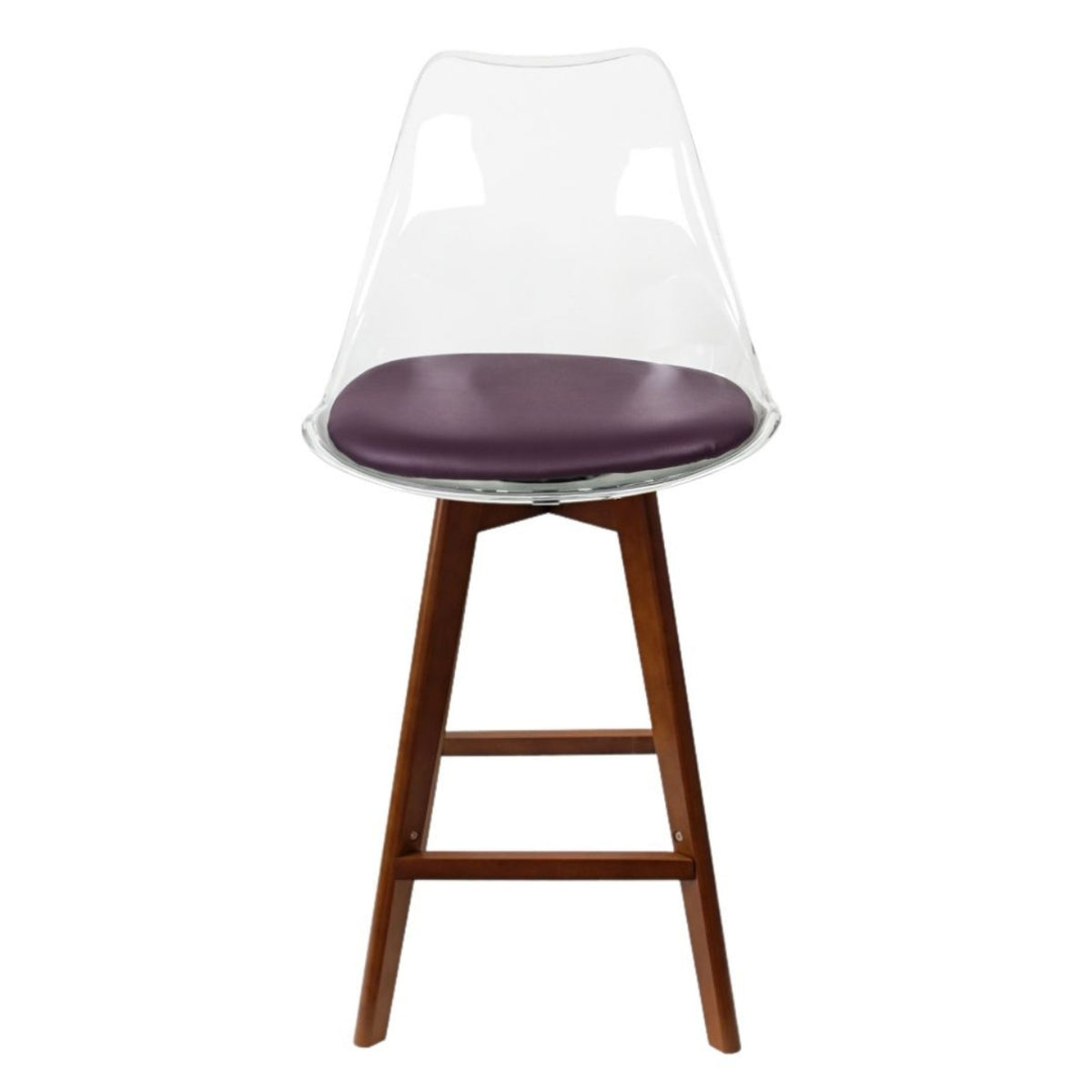 Soho Clear and Aubergine Plastic Bar Stool with Dark Wood Legs