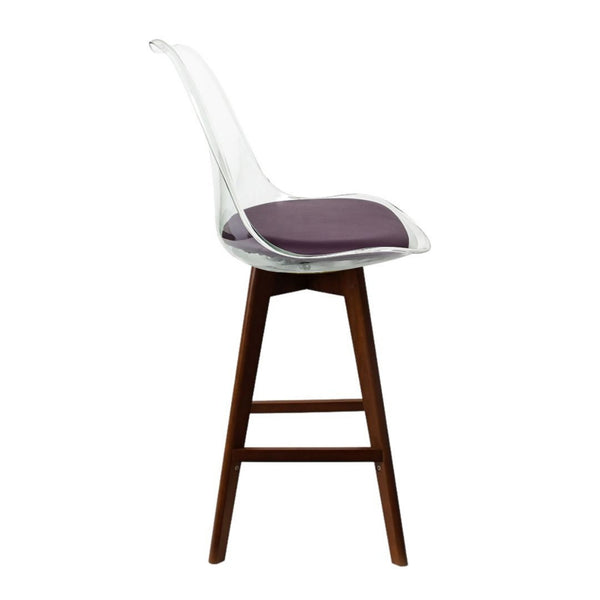 Soho Clear and Aubergine Plastic Bar Stool with Dark Wood Legs