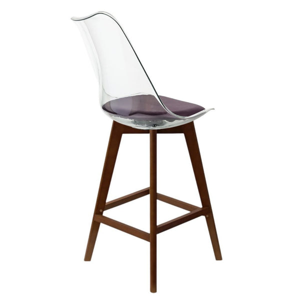 Soho Clear and Aubergine Plastic Bar Stool with Dark Wood Legs