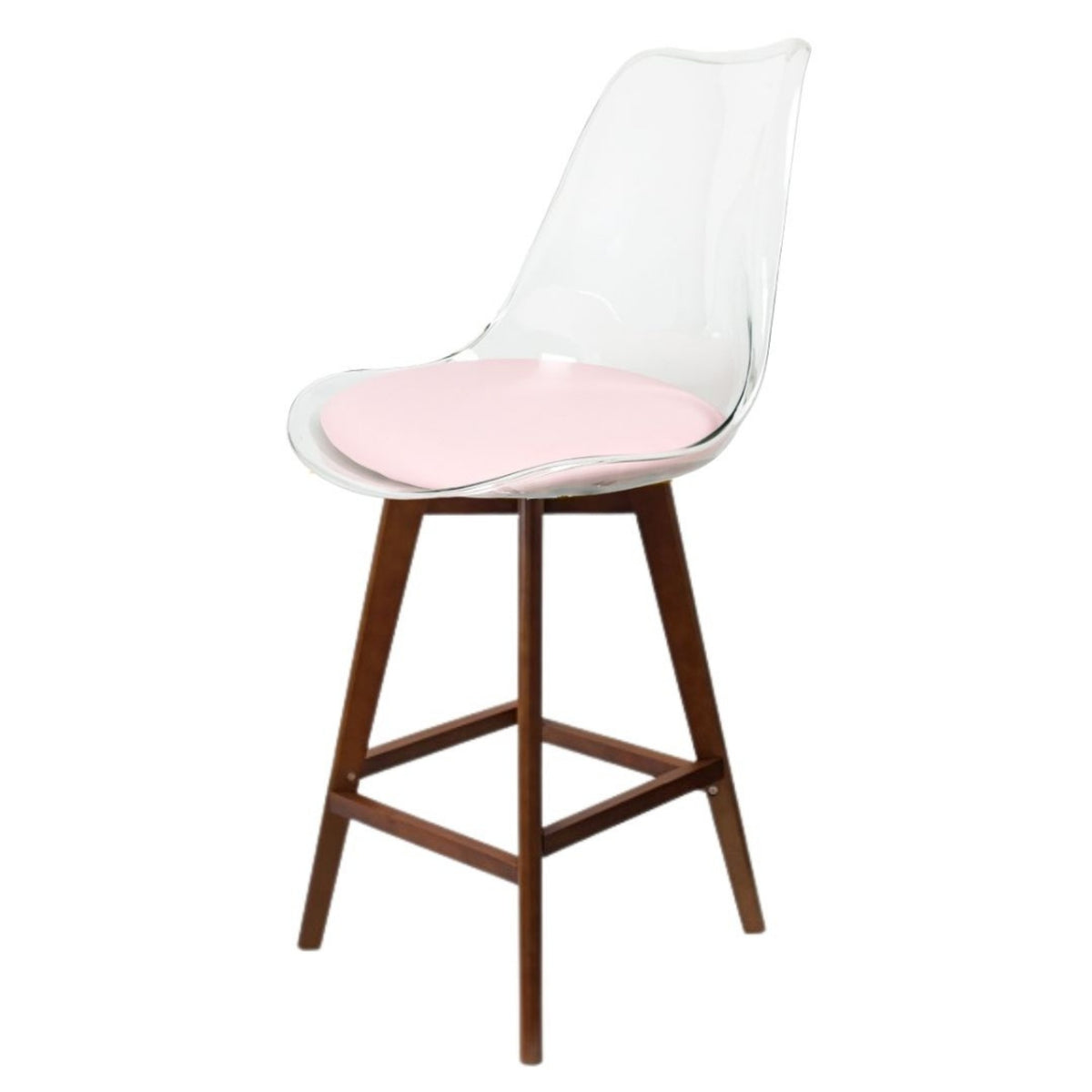 Soho Clear and Blush Pink Plastic Bar Stool with Dark Wood Legs