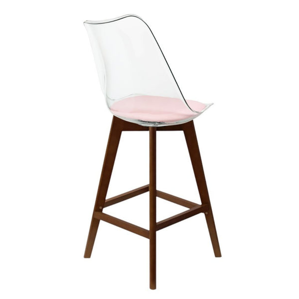 Soho Clear and Blush Pink Plastic Bar Stool with Dark Wood Legs