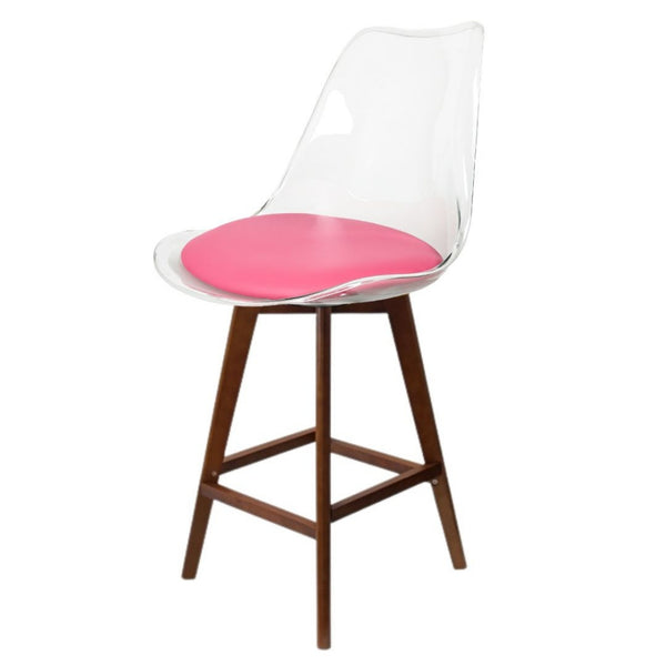 Soho Clear and Bright Pink Plastic Bar Stool with Dark Wood Legs