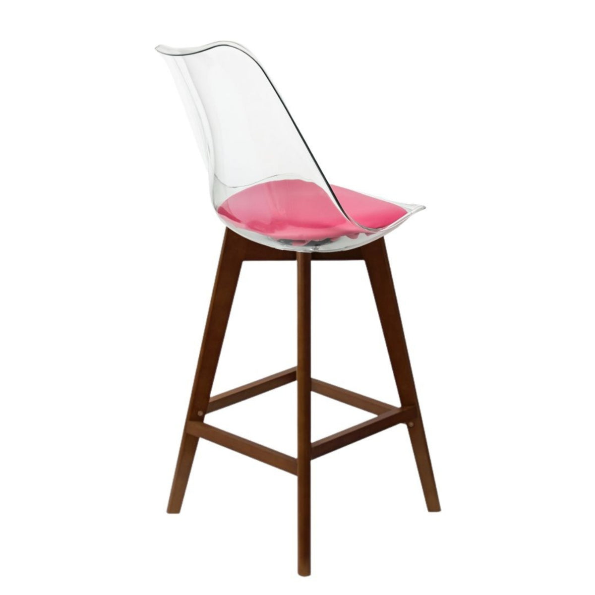 Soho Clear and Bright Pink Plastic Bar Stool with Dark Wood Legs