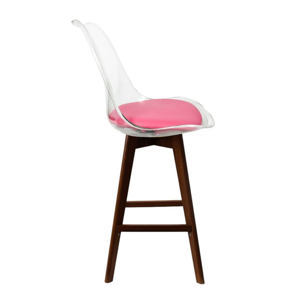Soho Clear and Bright Pink Plastic Bar Stool with Dark Wood Legs