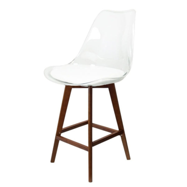 Soho Clear and White Plastic Bar Stool with Dark Wood Legs
