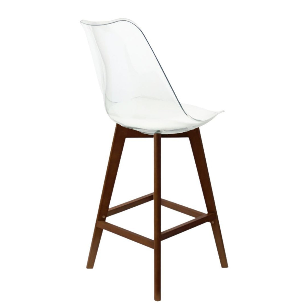 Soho Clear and White Plastic Bar Stool with Dark Wood Legs