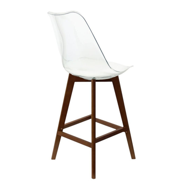 Soho Clear and White Plastic Bar Stool with Dark Wood Legs