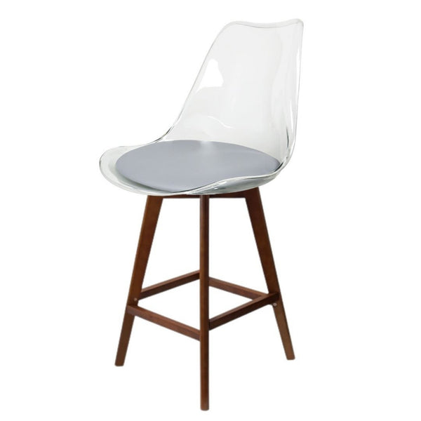 Soho Clear and Light Grey Plastic Bar Stool with Dark Wood Legs