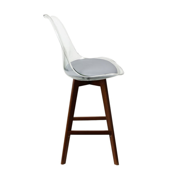 Soho Clear and Light Grey Plastic Bar Stool with Dark Wood Legs