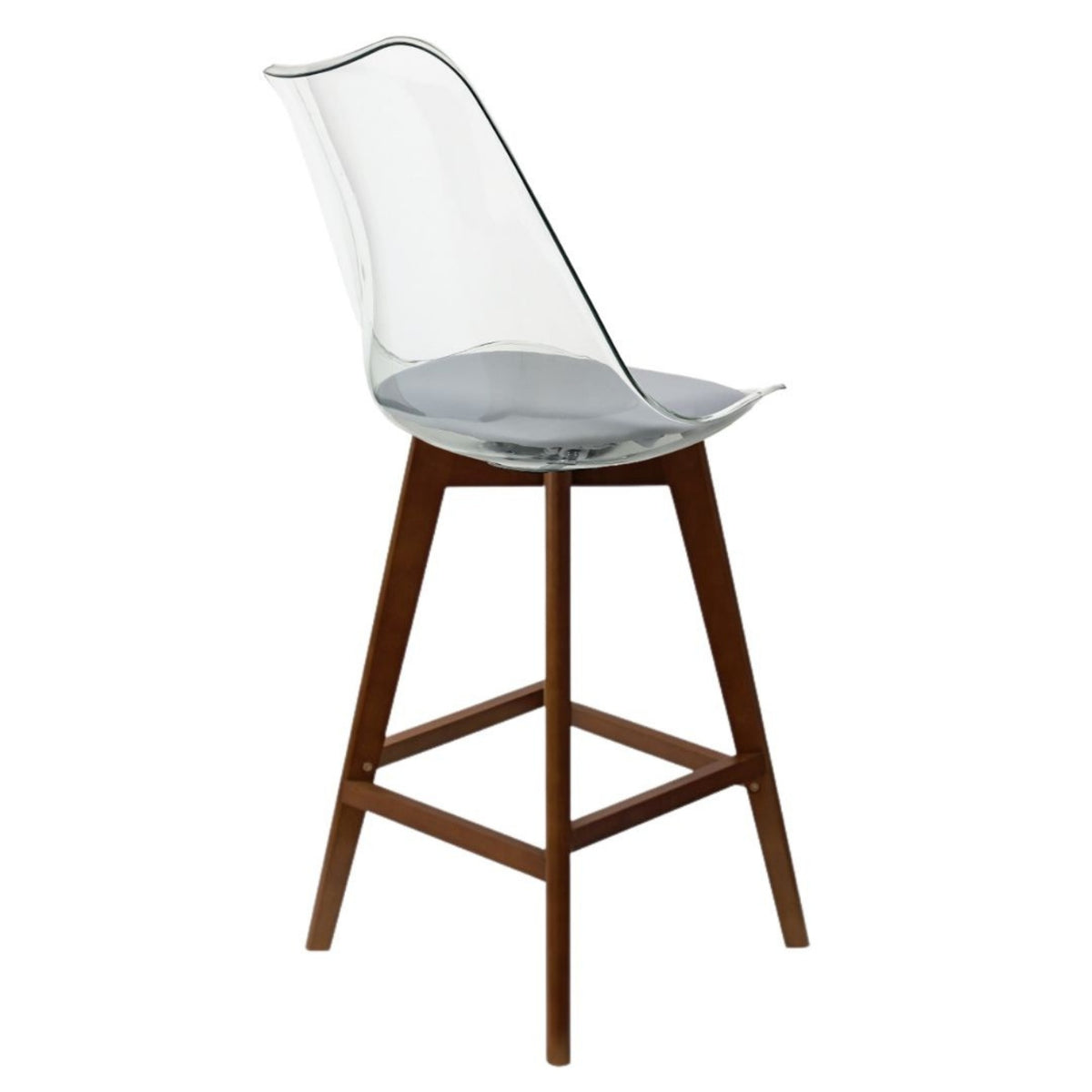 Soho Clear and Light Grey Plastic Bar Stool with Dark Wood Legs
