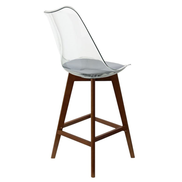 Soho Clear and Light Grey Plastic Bar Stool with Dark Wood Legs